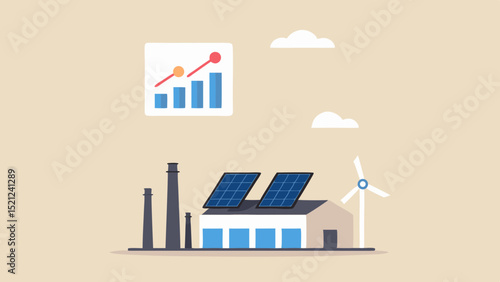Illustration of a factory with solar panels, wind turbine and a rising graph indicator