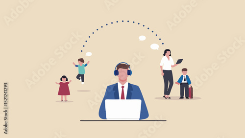 Illustration of a man working from home with his family around him and dotted line above him