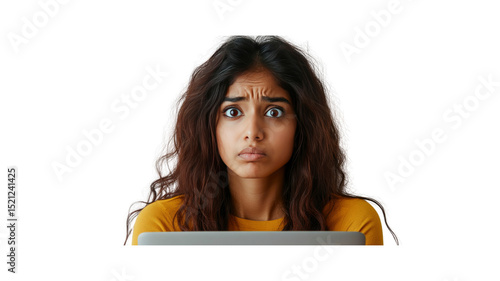 Young Woman with Concerned Expression Looking at Laptop