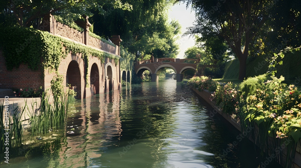 Fototapeta premium Tranquil Garden Landscape Featuring Reflective River, Vibrant Flowers, and an Arched Brick Bridge