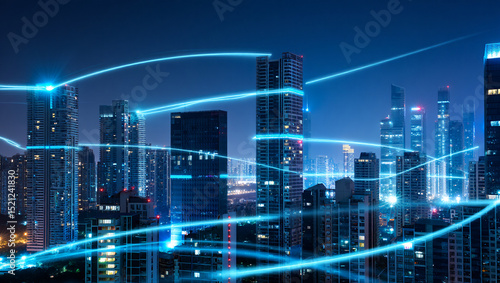 City skyline network connection technology smart city digital technology