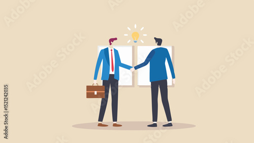 Two businessmen shaking hands in front of white boards with a lightbulb above them indicating idea