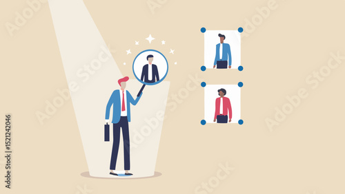 A man with a magnifying glass searching for the perfect candidate in a spotlight and photos