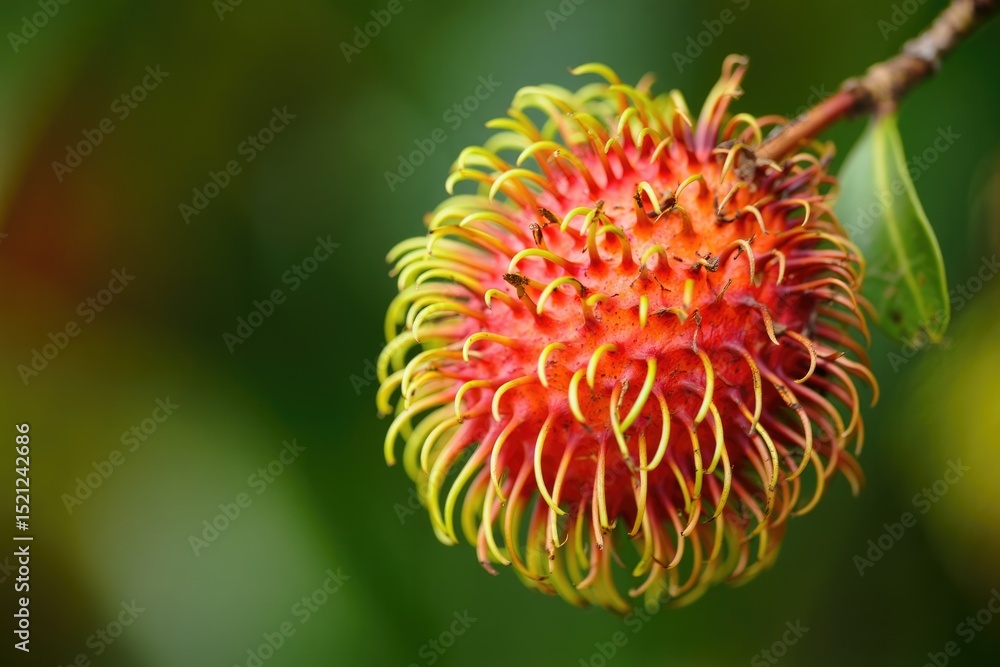 A vibrant red rambutan fruit showcases its unique texture against a soft green backdrop. A vibrant red rambutan fruit showcases its unique texture against a soft green backdrop.