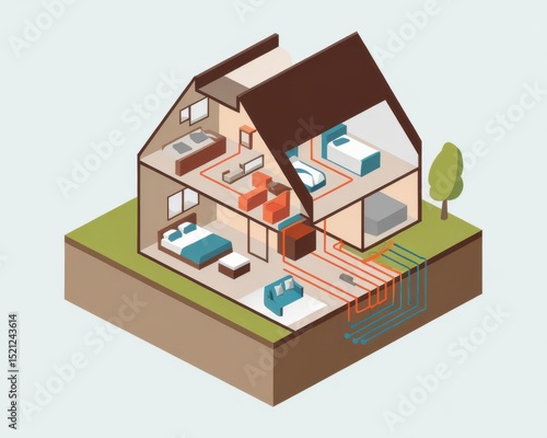 Isometric House Section Illustrating Geothermal Heating and Cooling System