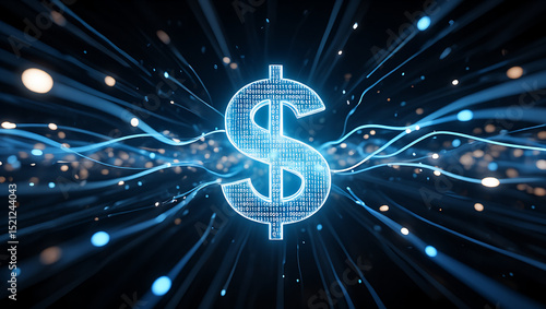 Digital dollar currency symbol with binary code and glowing light streaks art
