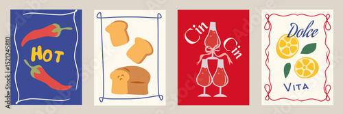 Summer Italy la dolce vita vintage poster set with Italian Mediterranean food, wine, bread, chili, lemons for wall art decor. Flat vector illustration whimsical aesthetic style. Blue and red color.