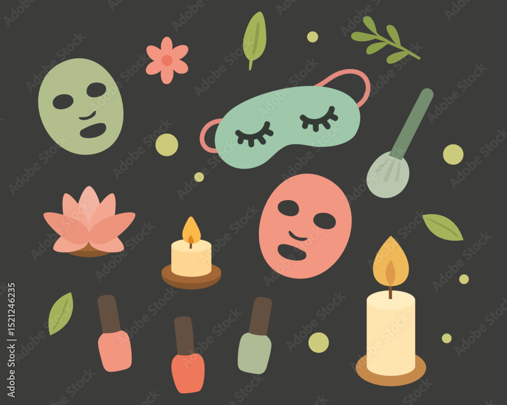 Spa Illustration with Face Masks, Candles, Nail Polish, and Flowers for a Relaxing Wellness Theme Surrounded by Greenery and Lotus in a Calming Design. Vector illustration Spa Illustration with Face Masks, Candles, Nail Polish, and Flowers for a Relaxing Wellness Theme Surrounded by Greenery and Lotus in a Calming Design. Vector illustration