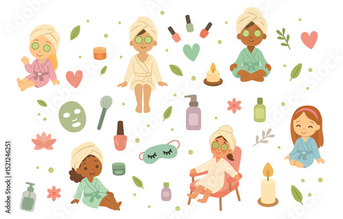 Group of Girls in Robes Relaxing at a Spa Party with Candles, Nail Polish, Face Masks, Flowers, and Hearts for a Cozy and Fun Wellness Gathering Illustration. Vector illustration