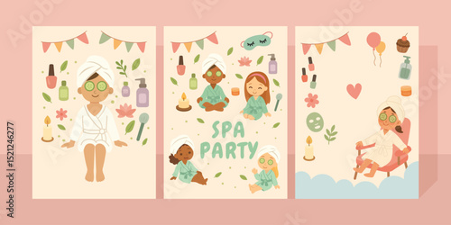 Spa Party Illustration Set with Girls in Robes Relaxing with Face Masks and Nail Polish, Featuring a Banner and Balloons for a Fun Wellness Celebration. Vector illustration