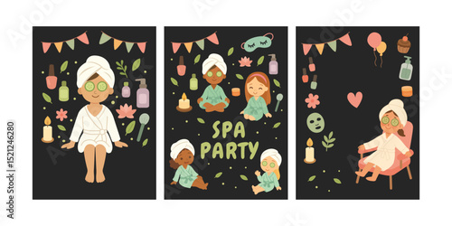 Set of three SPA PARTY posters with girls in towels and face masks, spa objects, balloons, banners, candles and skincare items on dark backgrounds. Vector illustration
