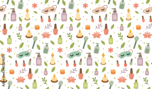 Seamless spa pattern with massage oils, candles, flowers, towels, eye masks, bottles, and herbal leaves for relaxation and beauty design projects. Vector illustration