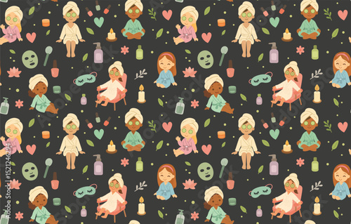 Dark spa party pattern with girls wearing towels and face masks, candles, oils, flowers and beauty items for children wellness and skincare projects. Vector illustration