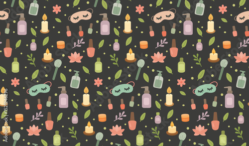 Dark seamless spa pattern with bottles, candles, oils, eye masks, leaves and flowers in pink and green for wellness, skincare and beauty backgrounds. Vector illustration
