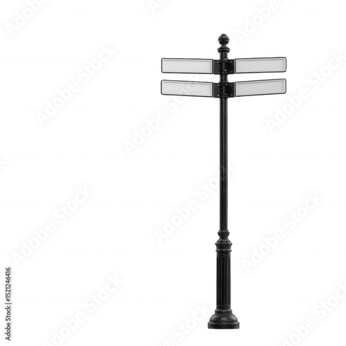 Directional street sign on a black pole, white background for a clean and modern look, perfect for urban and travel themes.
