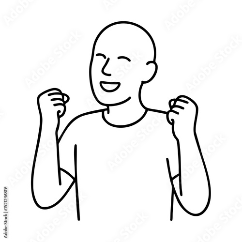 Line art person smiling with raised fists in joy