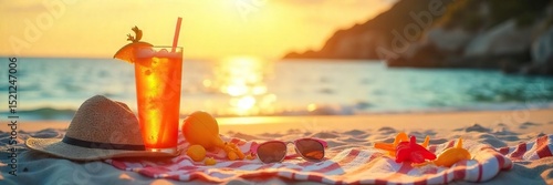 Golden hour sunlight bathes a vibrant beach scene, complete with beach toys, a striped beach towel, and refreshing drinks Perfect for summer holiday vibes!, yellow, blue, sun