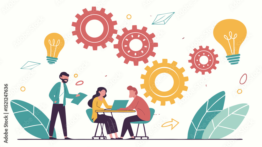 Illustration of a collaborative team working together with gears and lightbulbs symbolizing ideas and innovation Illustration of a collaborative team working together with gears and lightbulbs symbolizing ideas and innovation