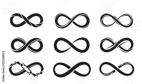 Collection of modern infinity symbol silhouettes representing eternity forever concepts and unending possibilities
