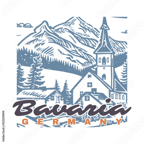 Bavaria, Germany Vintage Landscape T-Shirt Design with Retro Vector Illustration.	