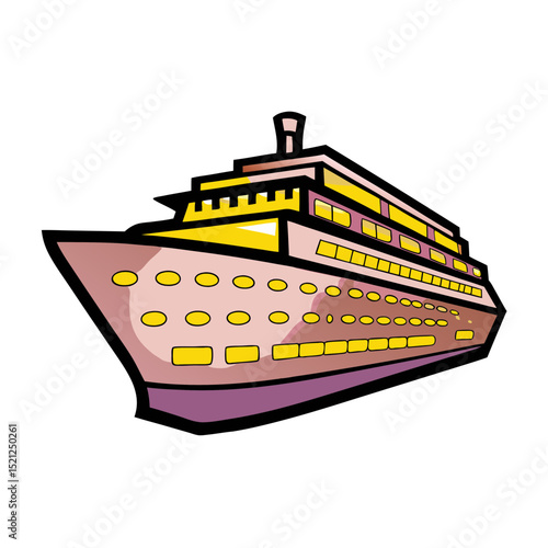 Cartoon cruise ship illustration in bright colors on transparent background  