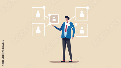 Man in suit presenting a network of people icons connected by lines on a beige background design