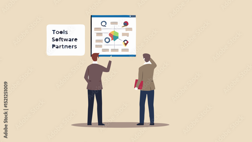 Fototapeta premium Two men discussing a diagram on a screen with icons and a hexagon in a beige colored background