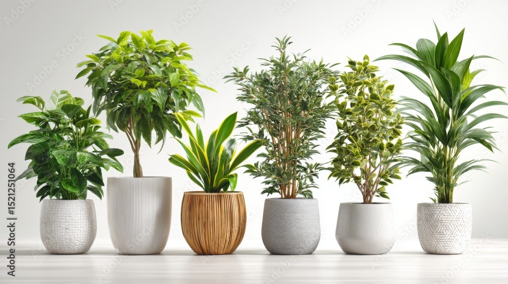 Fototapeta premium Collection of indoor plants in stylish pots creating a fresh and vibrant atmosphere for modern home or office decor