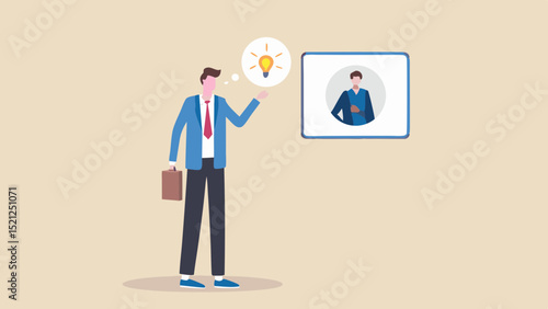 Man in suit with lightbulb idea and video call with another man on a beige background scene here