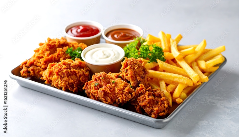 Crispy Fried Chicken Platter with French Fries and Dipping Sauces Crispy Fried Chicken Platter with French Fries and Dipping Sauces