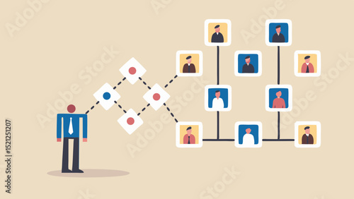 Illustration of a man connected to an organizational chart with employee portraits and dotted lines