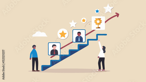 People climbing stairs to a trophy with stars and upward arrow showing career growth and achievement