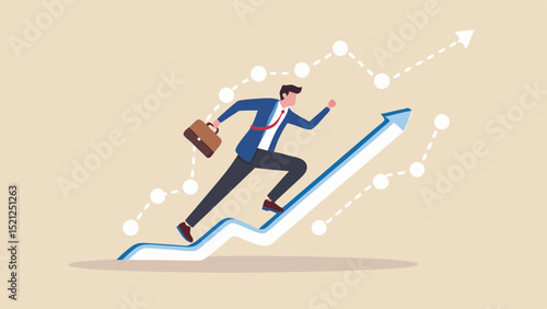 Businessman running up an arrow graph with a briefcase and a rising dotted line in the background