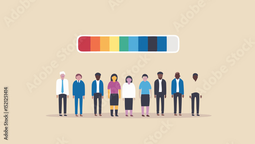 Diverse group of people standing under a color spectrum bar on a beige colored background illustration