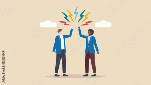 Two business people giving a high five under colorful lightning with clouds in the background scene