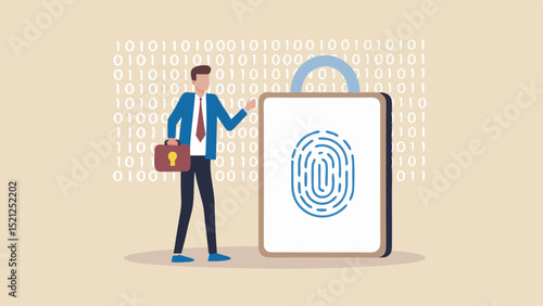 Businessman with briefcase stands next to a large padlock with a fingerprint scanner and binary code