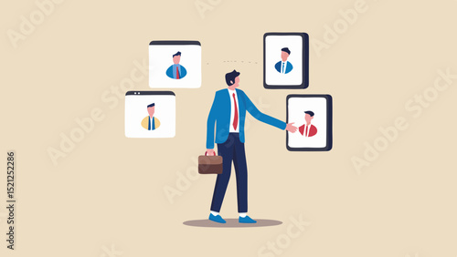 A businessman reaching out to virtual portraits in screens with a briefcase in a light background