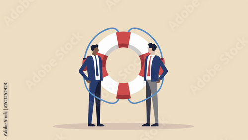 Two business people stand beside a life preserver in a flat illustrative style on a beige background