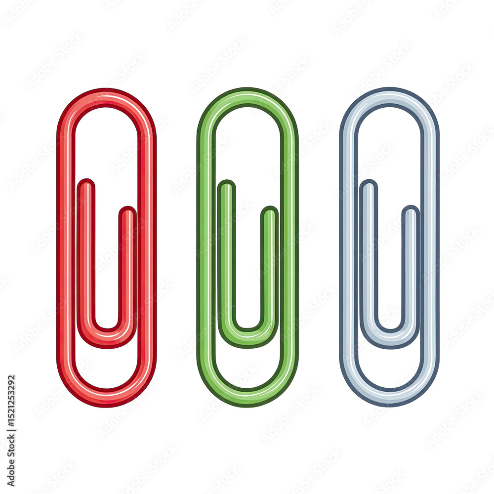 Three colored paperclips, red, green, and gray, arranged vertically Three colored paperclips, red, green, and gray, arranged vertically