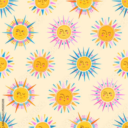 Lovely hand drawn seamless pattern with cute suns, smiley faces, summer design, great for banners, textiles, wallpapers, wrapping, surface design - vector
