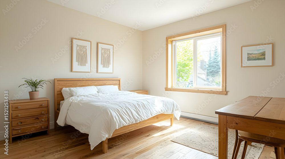 Fototapeta premium Modern Bedroom Interior With Natural Wooden Furniture