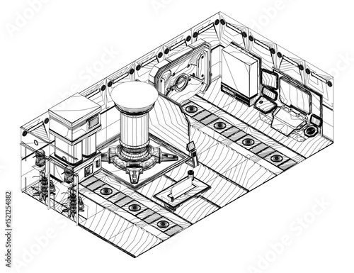 Futuristic sci-fi lab with sleek, angular architecture and advanced technological equipment. The design features glowing panels, metallic surfaces, and complex machinery. Isometric view. 3D