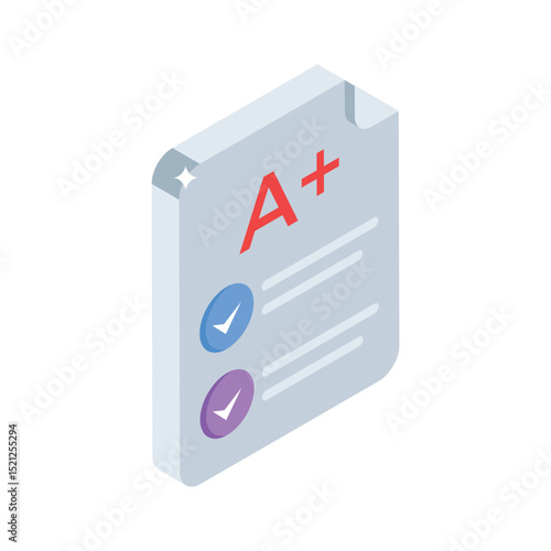 A captivating isometric icon showing a grade exam paper
