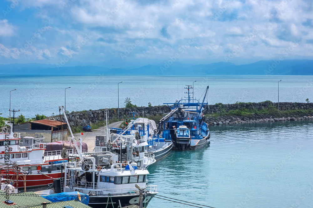 Fototapeta premium Fishing boats docked in coastal harbor. A cluster of fishing boats docked at coastal harbor under cloudy sky. This peaceful maritime view captures the essence of coastal life and the fishing industry.