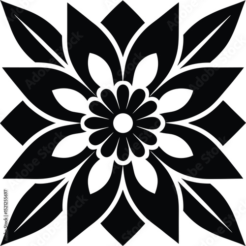 Elegant black and white floral mandala design with symmetrical elements and detailed petals