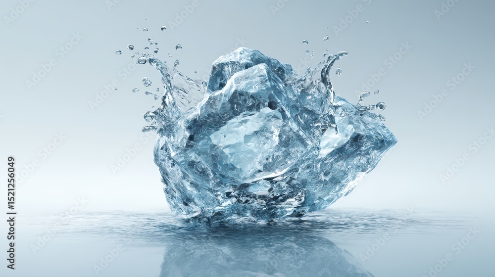 Obraz premium artistic professional photo of crystal clear water splash frozen in midair on a soft sky blue background, perfect lighting, realistic and cinematic style
