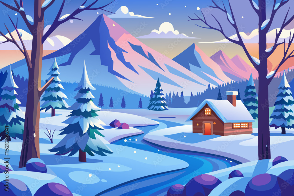 Fototapeta premium peaceful winter landscape with snowy cabin, pine trees and mountain view in a scenic forest setting