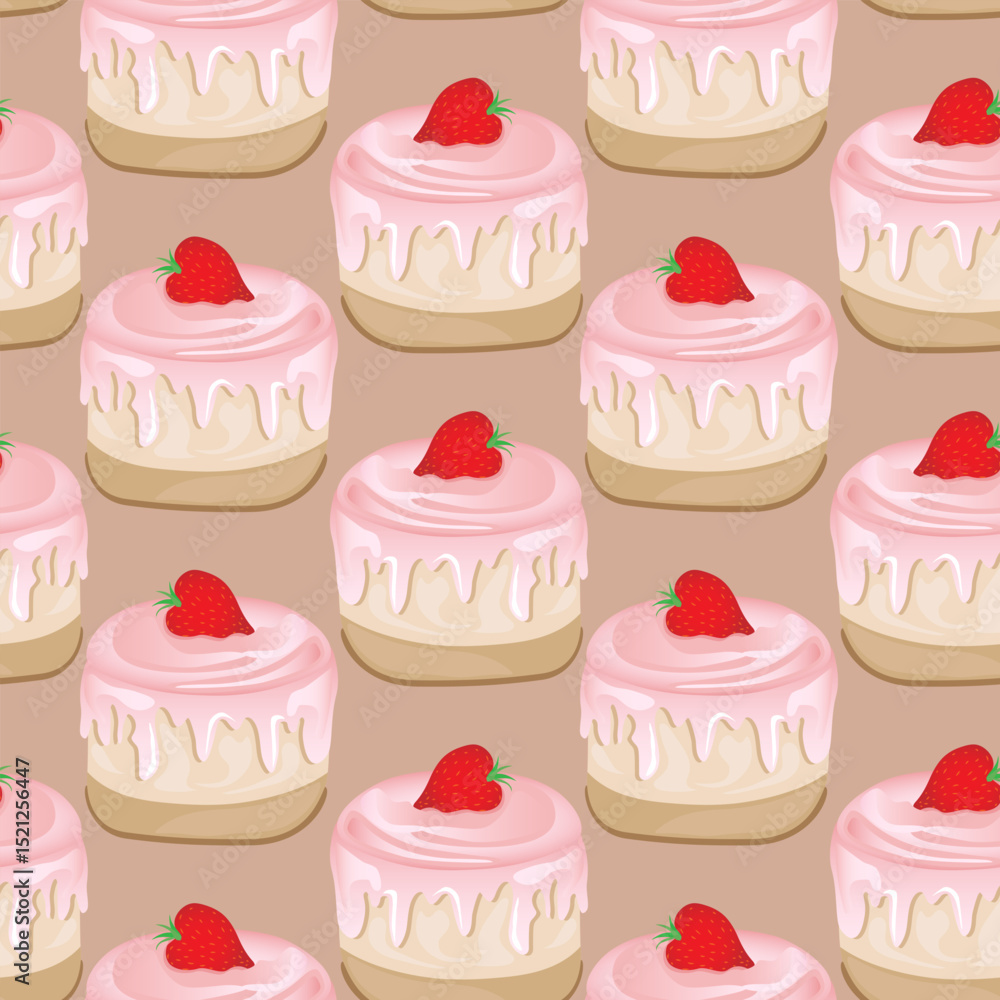 Seamless pattern for kitchen decor and more. Delicious cupcake with whipped cream and strawberry. Vector cartoon illustration of sweet food. Seamless pattern for kitchen decor and more. Delicious cupcake with whipped cream and strawberry. Vector cartoon illustration of sweet food.
