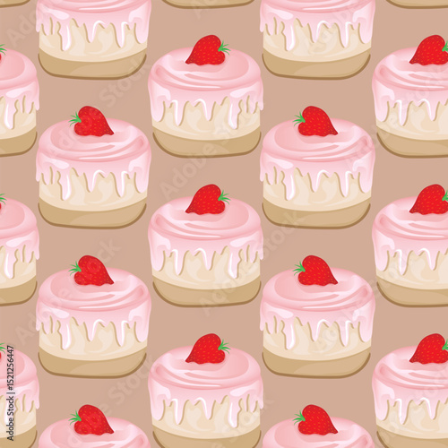 Seamless pattern for kitchen decor and more. Delicious cupcake with whipped cream and strawberry. Vector cartoon illustration of sweet food.