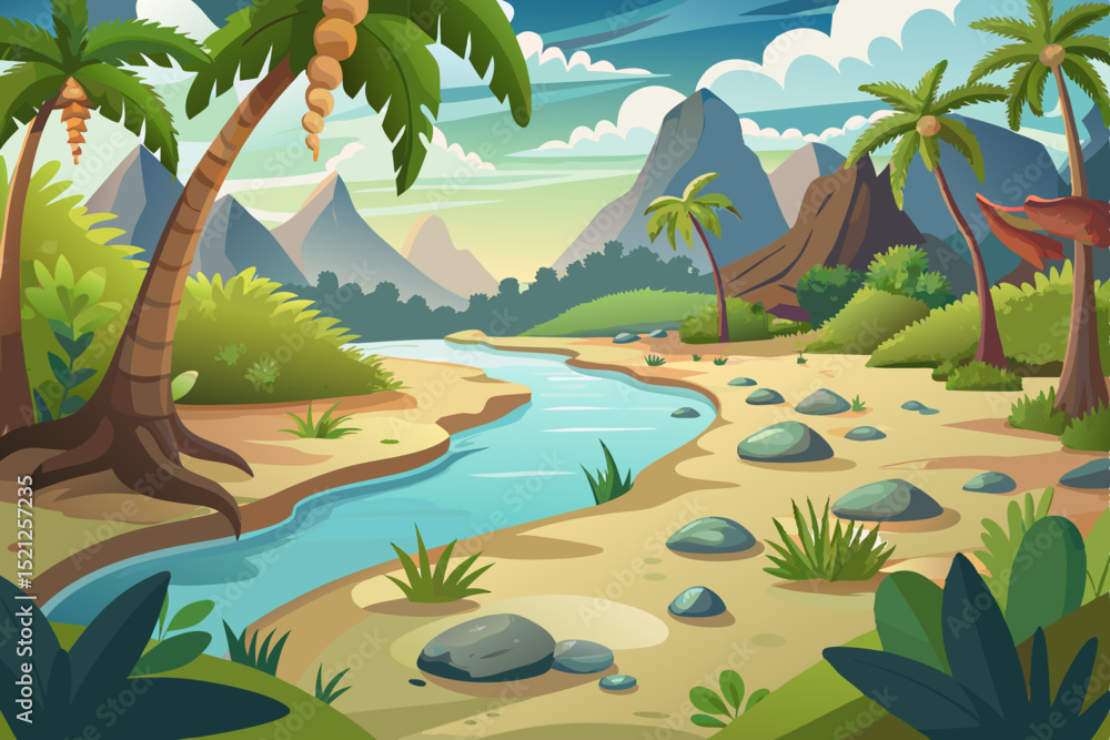 Naklejka premium tropical beach landscape illustration with river, palm trees and sunset